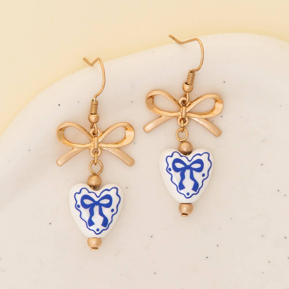 Ceramic Heart Charm Dangle Earrings with Bow Accent Blue