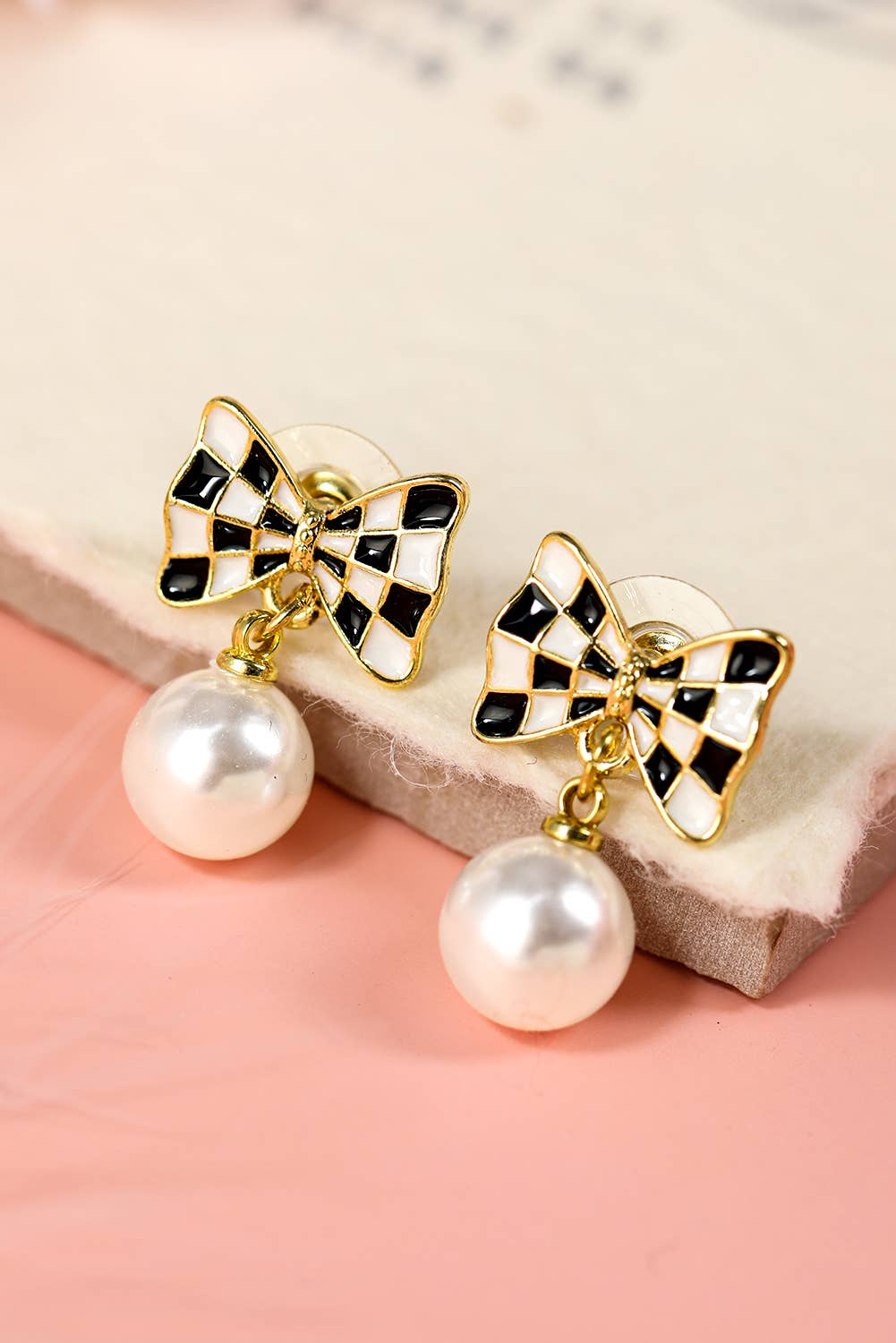 Checkered Bow Knot Pearl Pendant Stud Earrings, Elegant Statement Jewelry, Perfect Gift for Her Chic Earrings