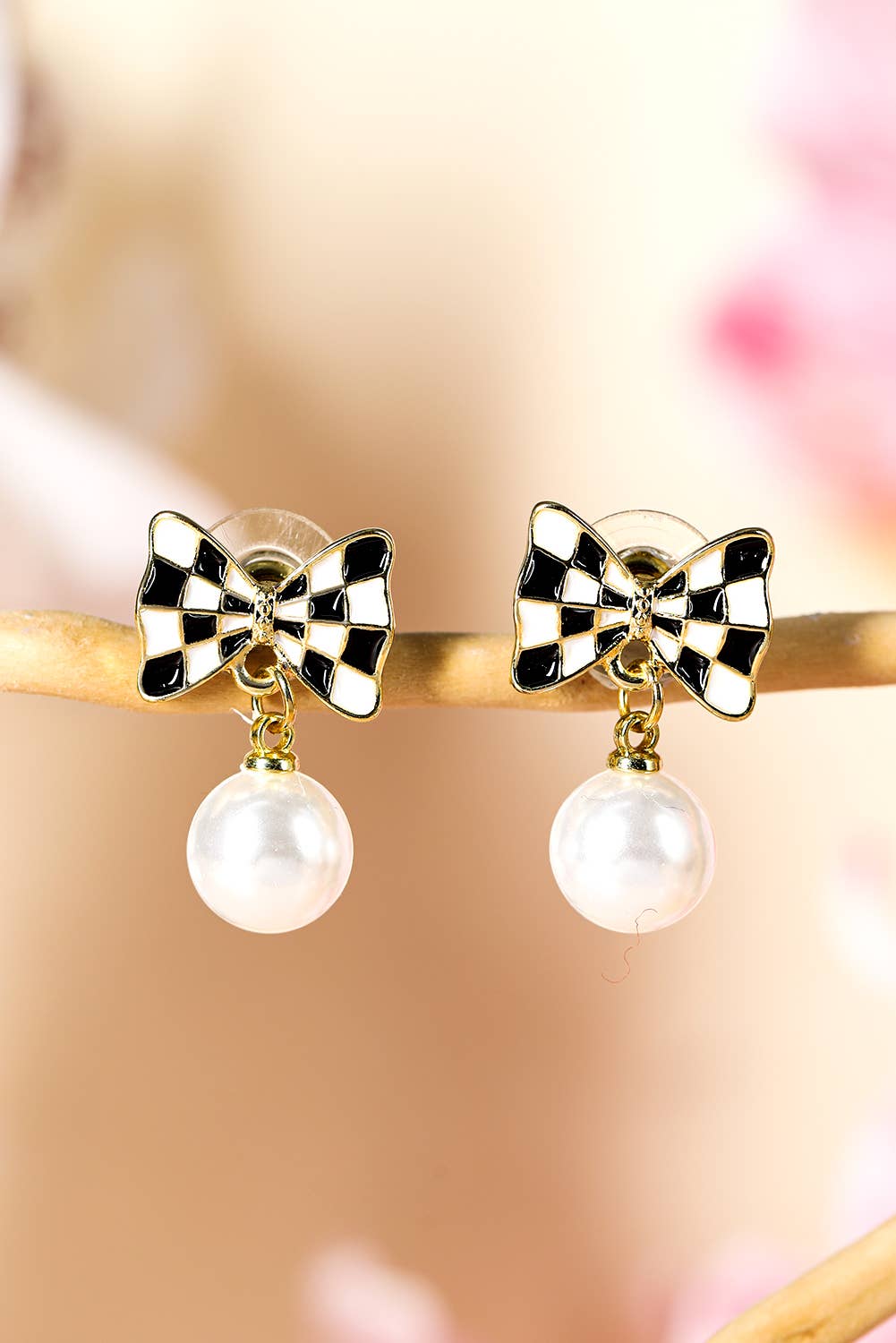 Checkered Bow Knot Pearl Pendant Stud Earrings, Elegant Statement Jewelry, Perfect Gift for Her Chic Earrings