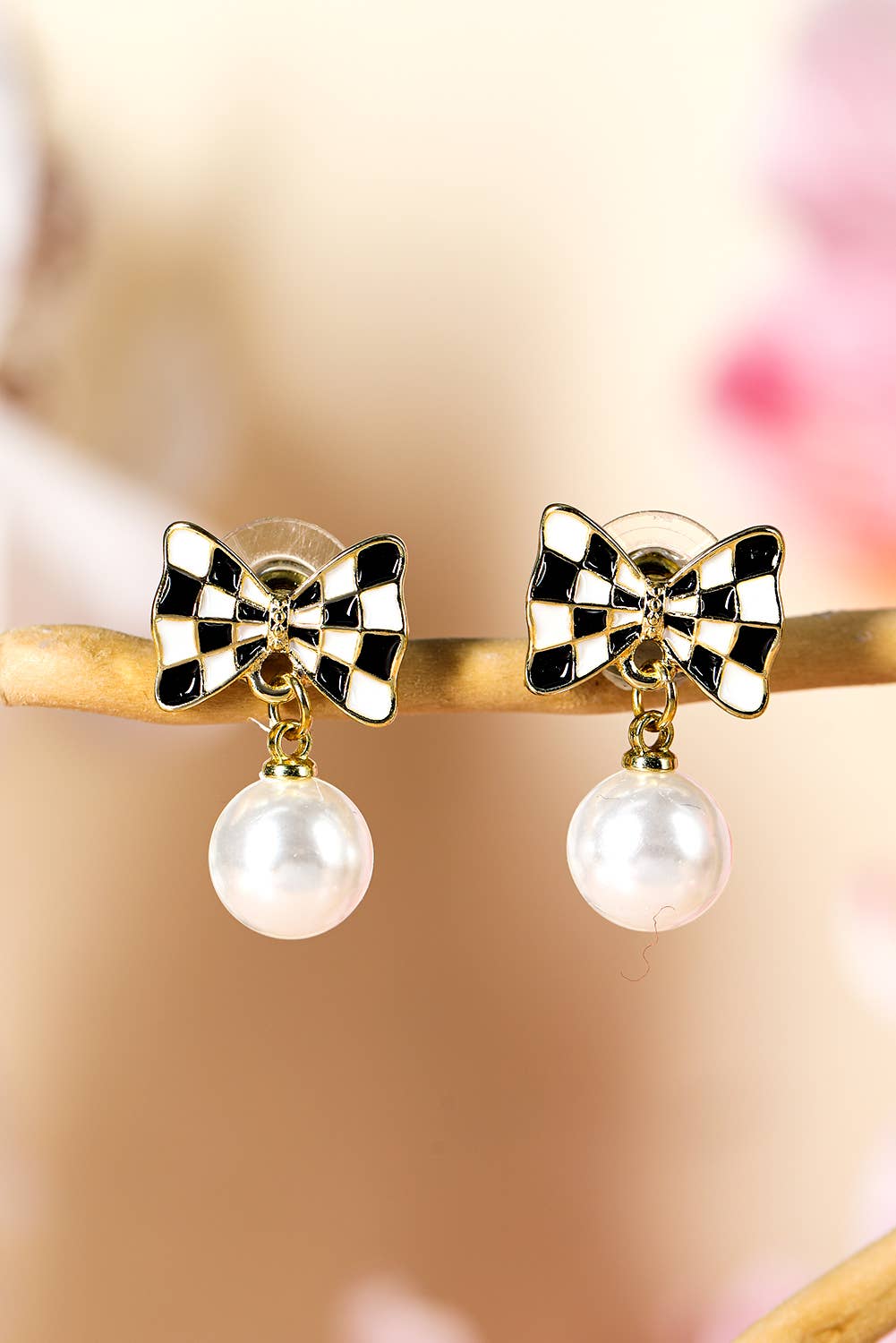 Checkered Bow Knot Pearl Pendant Stud Earrings, Elegant Statement Jewelry, Perfect Gift for Her Chic Earrings