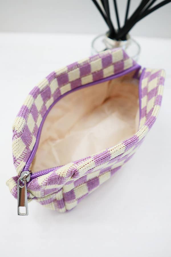 Checkered Knitted Cosmetic Bag, Cozy Textured Makeup Case, Perfect Gift for Her, Handmade Beauty Organizer