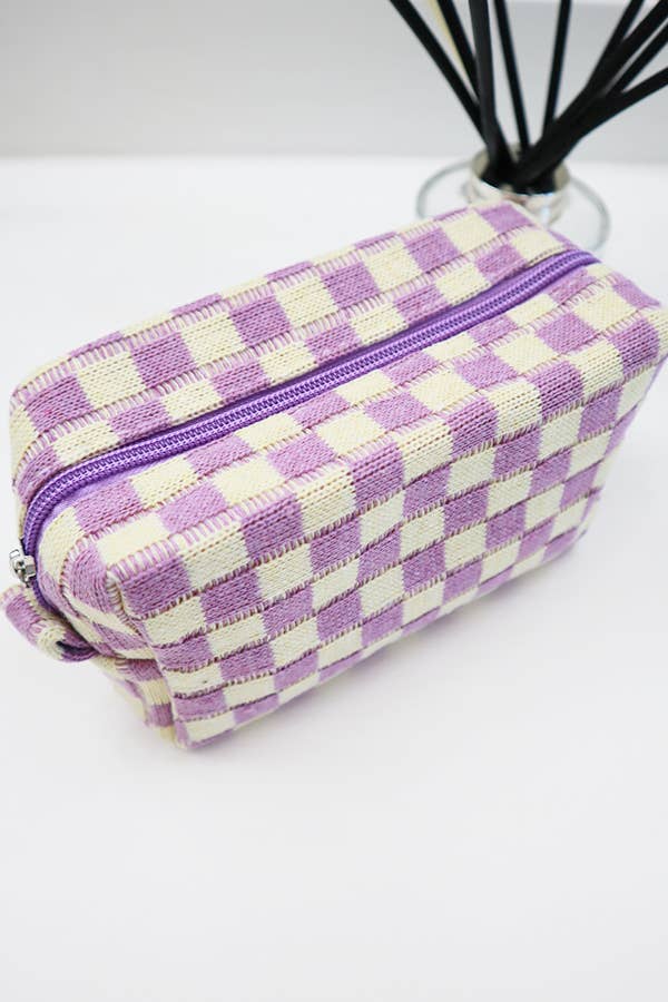 Checkered Knitted Cosmetic Bag, Cozy Textured Makeup Case, Perfect Gift for Her, Handmade Beauty Organizer LAVENDER