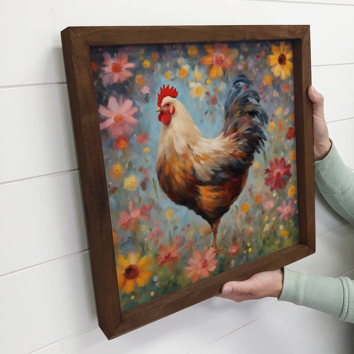 Colorful Floral Chicken Farmhouse Canvas Wall Art, Rustic Decor, Farmhouse Style, Colorful Wall Decor, Kitchen Wall Art, Nature Lover Gift Summer Shelf Sitter