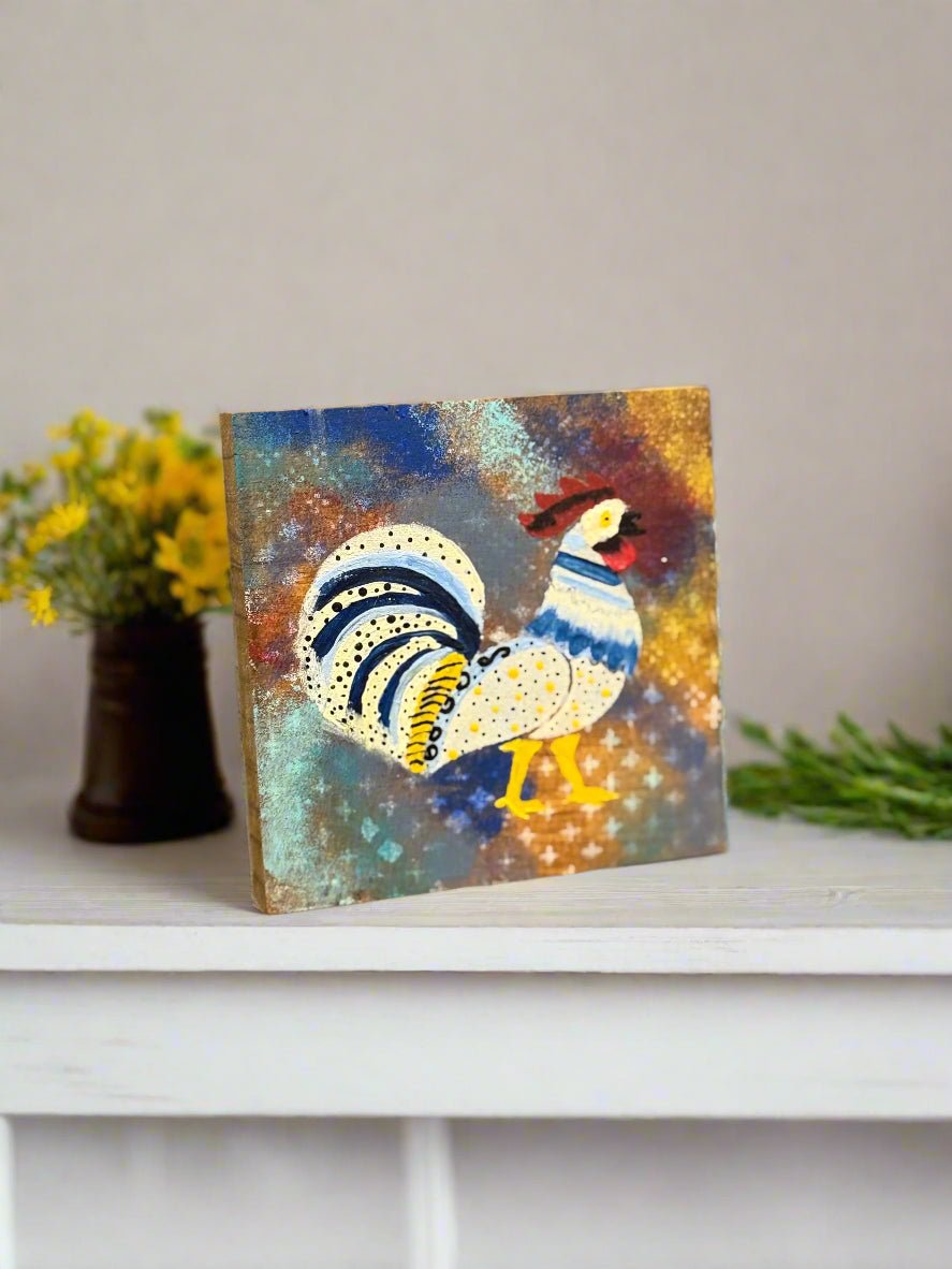 Colorful Rooster Blocks Blue/White