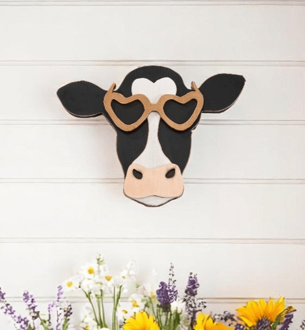 Cow with Heart Glasses, Southern Bell Style Farmhouse Accent, Rustic Chic Wall Art Gift