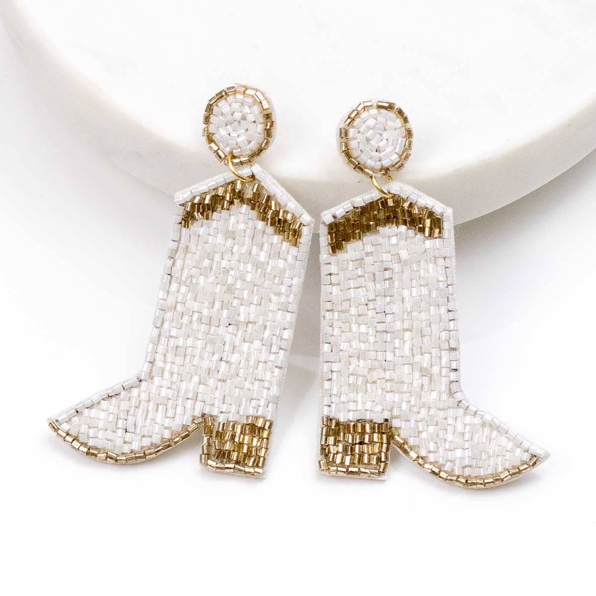 Cowgirl Boots Beaded Earrings, Vibrant Blue & White 2.5" Statement Jewelry for Western Style Lovers, Perfect Gift for Her Chic Earrings White