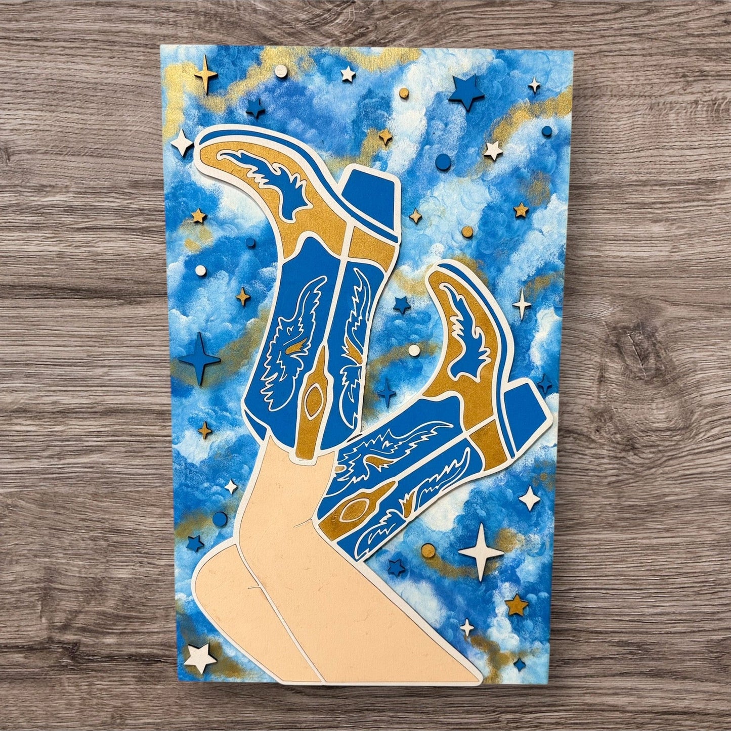 Cowgirl Wall Art with Gold Glitter Boots Handmade Country Home Decor Blue