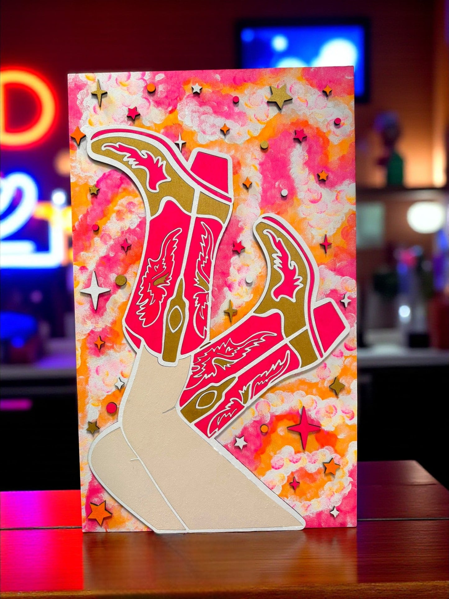 Cowgirl Wall Art with Gold Glitter Boots Handmade Country Home Decor Hot pink