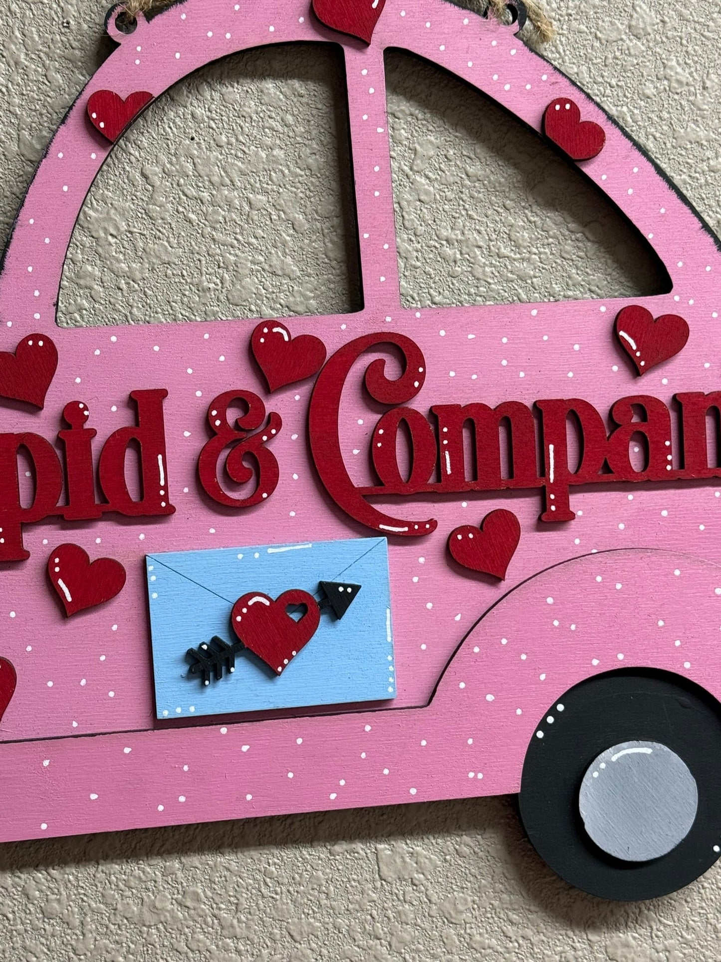 Cupid & Company Wall Hanger – Pink Slug Bug Decor | Cute Valentine Wall Sign | Hearts, Polka Dots, Love Theme Valentine Wall Decor