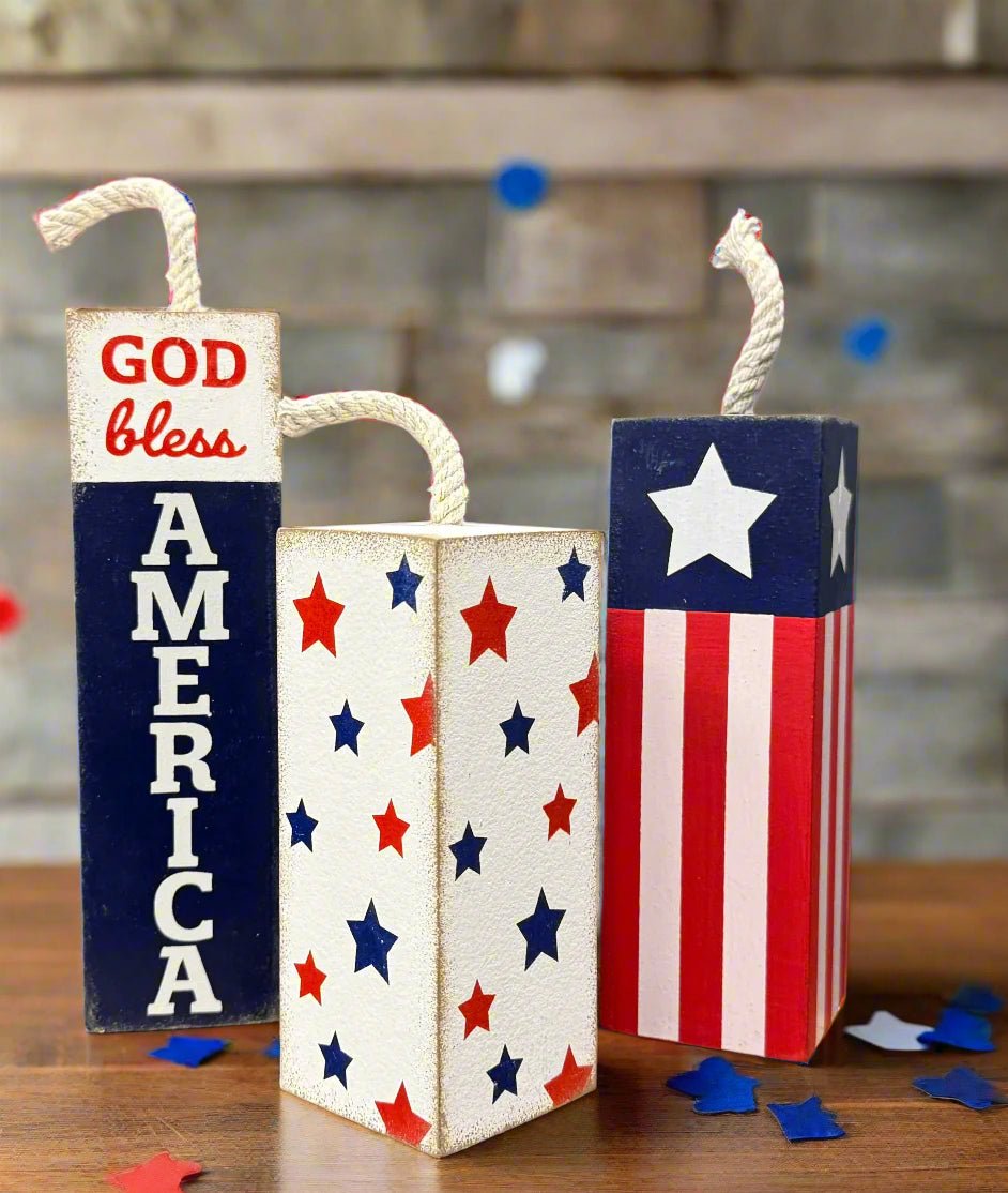 Decorative Firecracker Blocks - Set of 3 Rustic Home Décor, July 4th Decorations, Farmhouse Style, Festive Holiday Decor - CTW - Nifty Decor & More