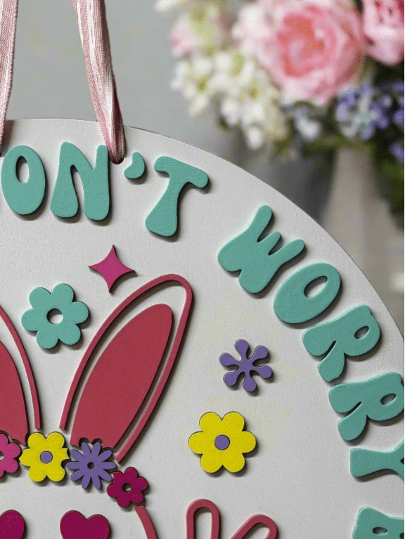 Don't Worry Be Hoppy Hanger | Spring & Easter Decor | Cute Bunny Wall Art | Seasonal Home Decoration