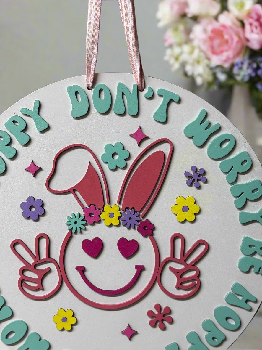 Don't Worry Be Hoppy Hanger | Spring & Easter Decor | Cute Bunny Wall Art | Seasonal Home Decoration