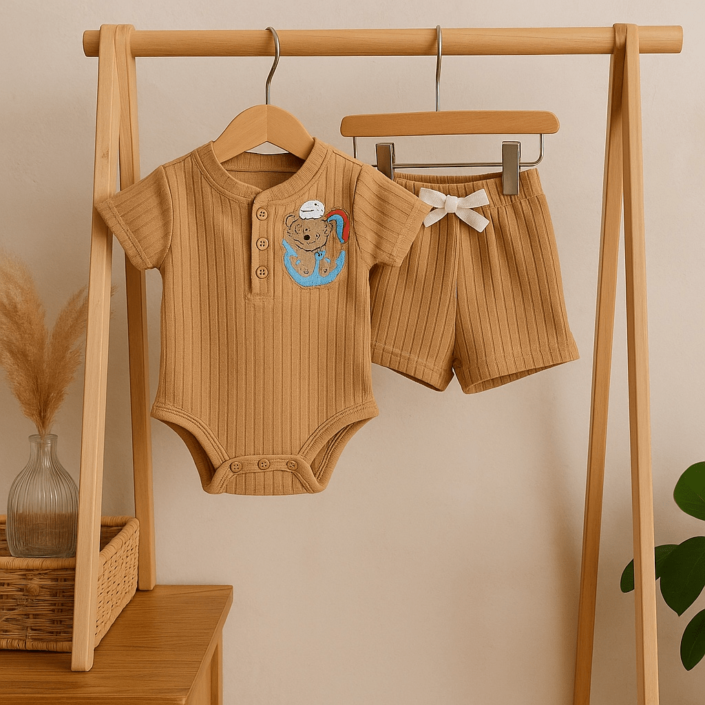 Embroidered Bear and Anchor Baby Boy Outfit Set, 2-Piece Onesie and Shorts, Stylish & Comfy Baby Clothes, Newborn Gift Idea Baby Clothes