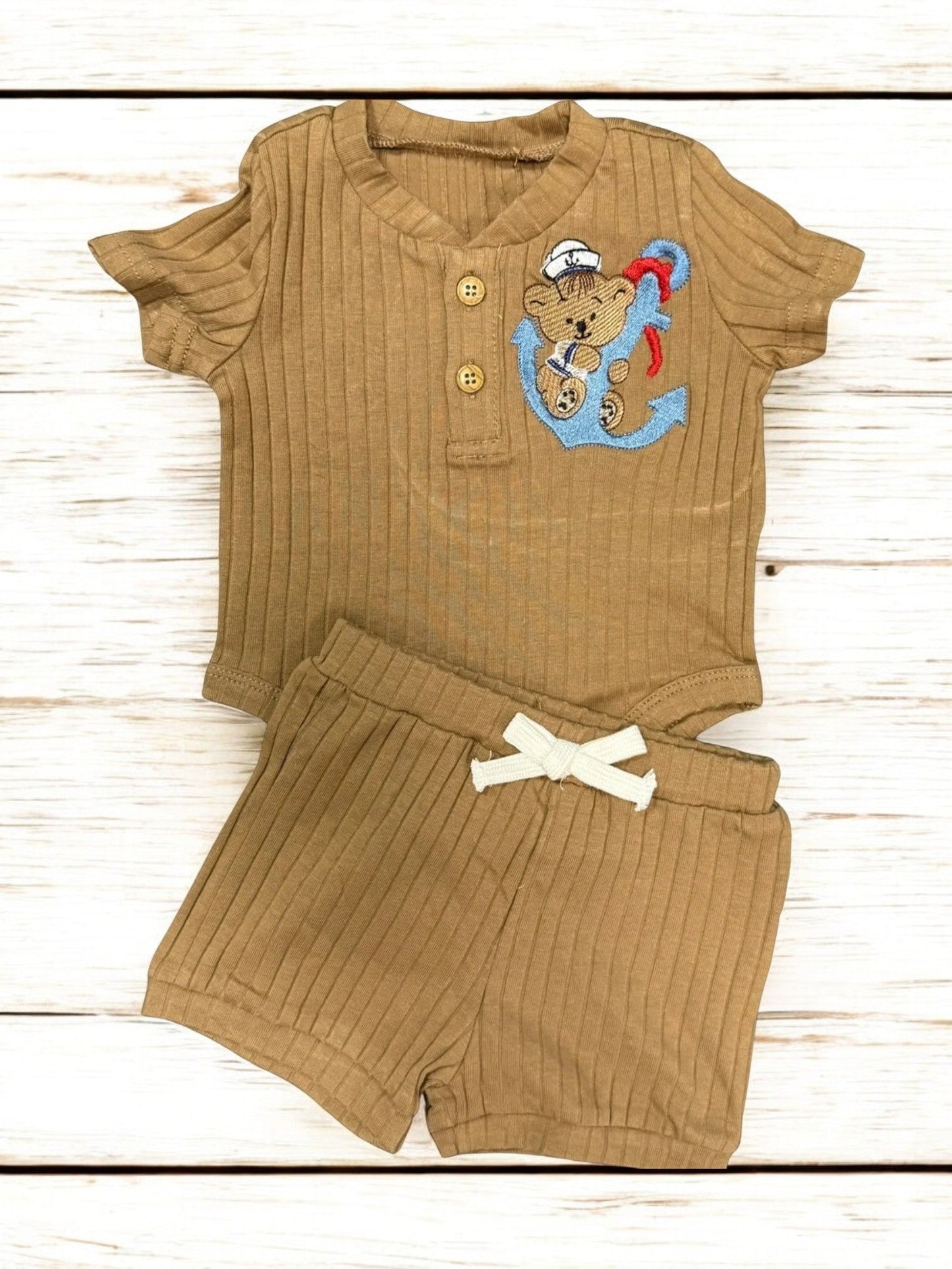 Embroidered Bear and Anchor Baby Boy Outfit Set, 2-Piece Onesie and Shorts, Stylish & Comfy Baby Clothes, Newborn Gift Idea Baby Clothes
