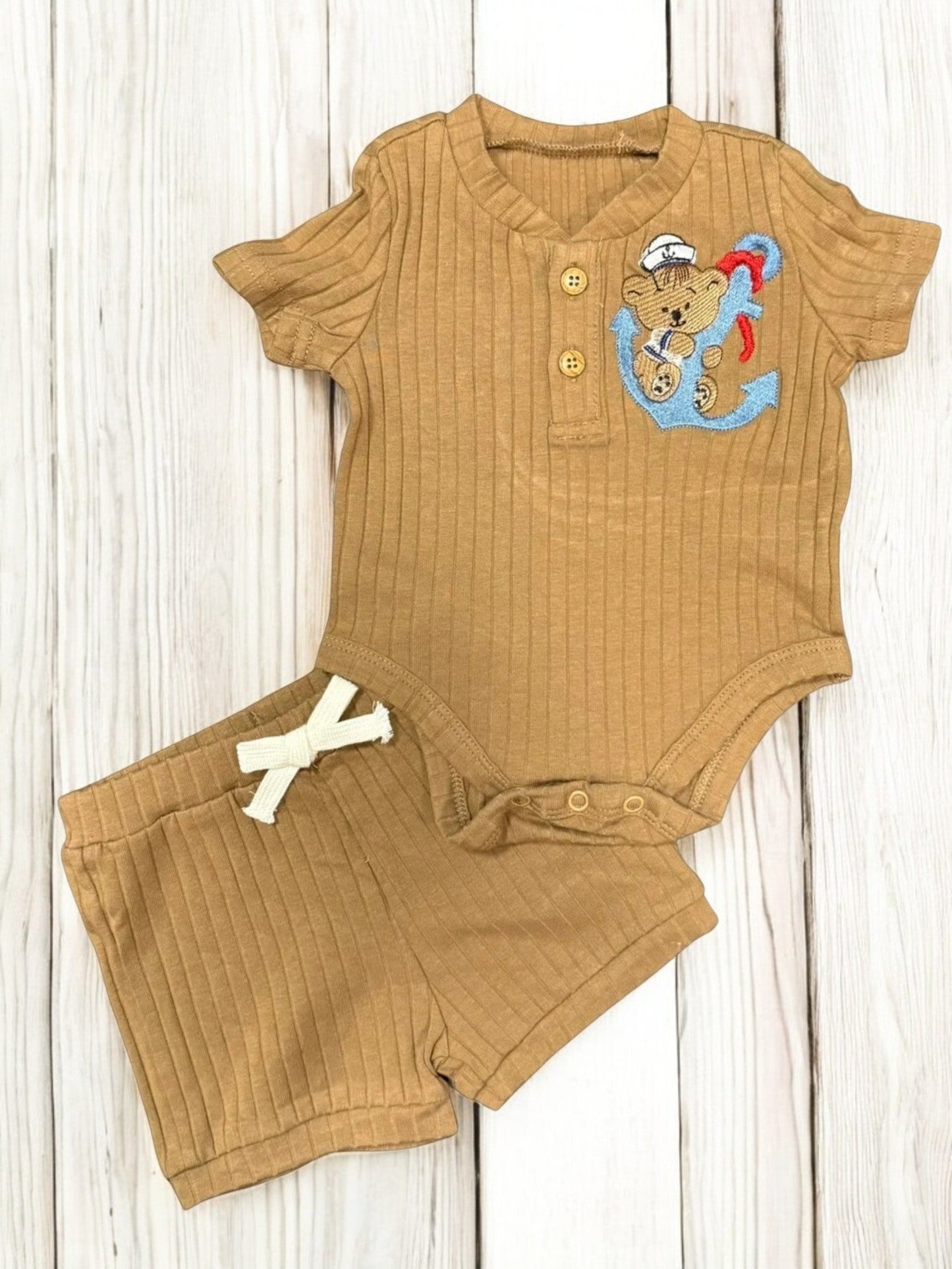 Embroidered Bear and Anchor Baby Boy Outfit Set, 2-Piece Onesie and Shorts, Stylish & Comfy Baby Clothes, Newborn Gift Idea Baby Clothes