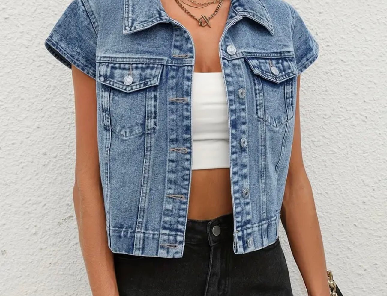Embroidered Denim Jacket denim jacket XS Blue Denim Cap Sleeve