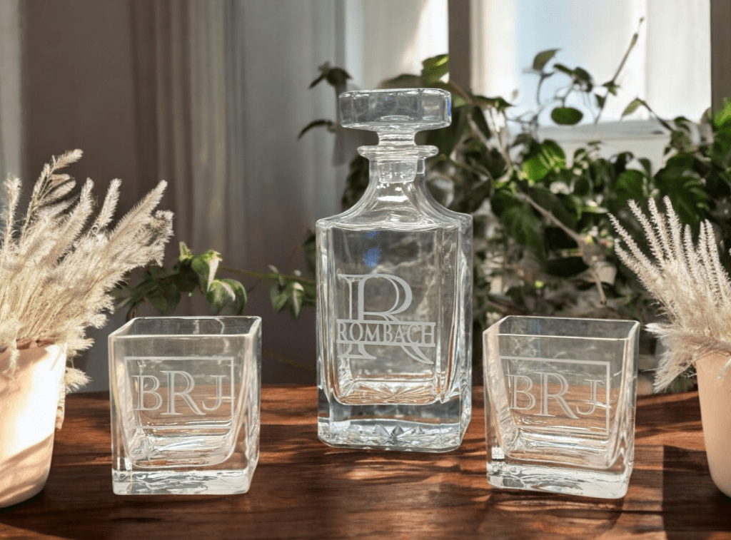 Engraved Decanter Set with 2 Glasses, Unique Personalized Drinkware, Perfect Wedding or Housewarming Gift Gifts