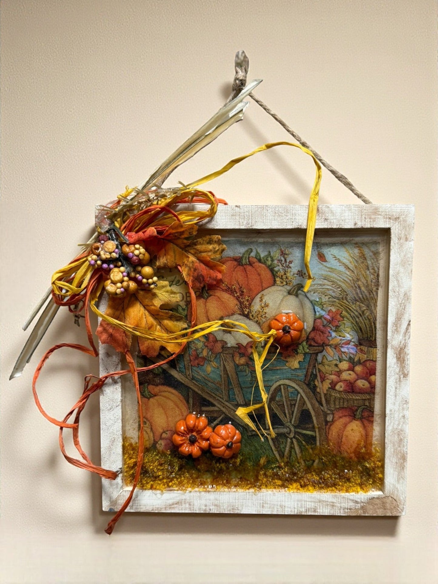 Fall Wheelbarrow Scene Resin Frame, Pumpkin & Leaves Autumn Decor, Rustic Fall Gift, Thanksgiving Home Accent