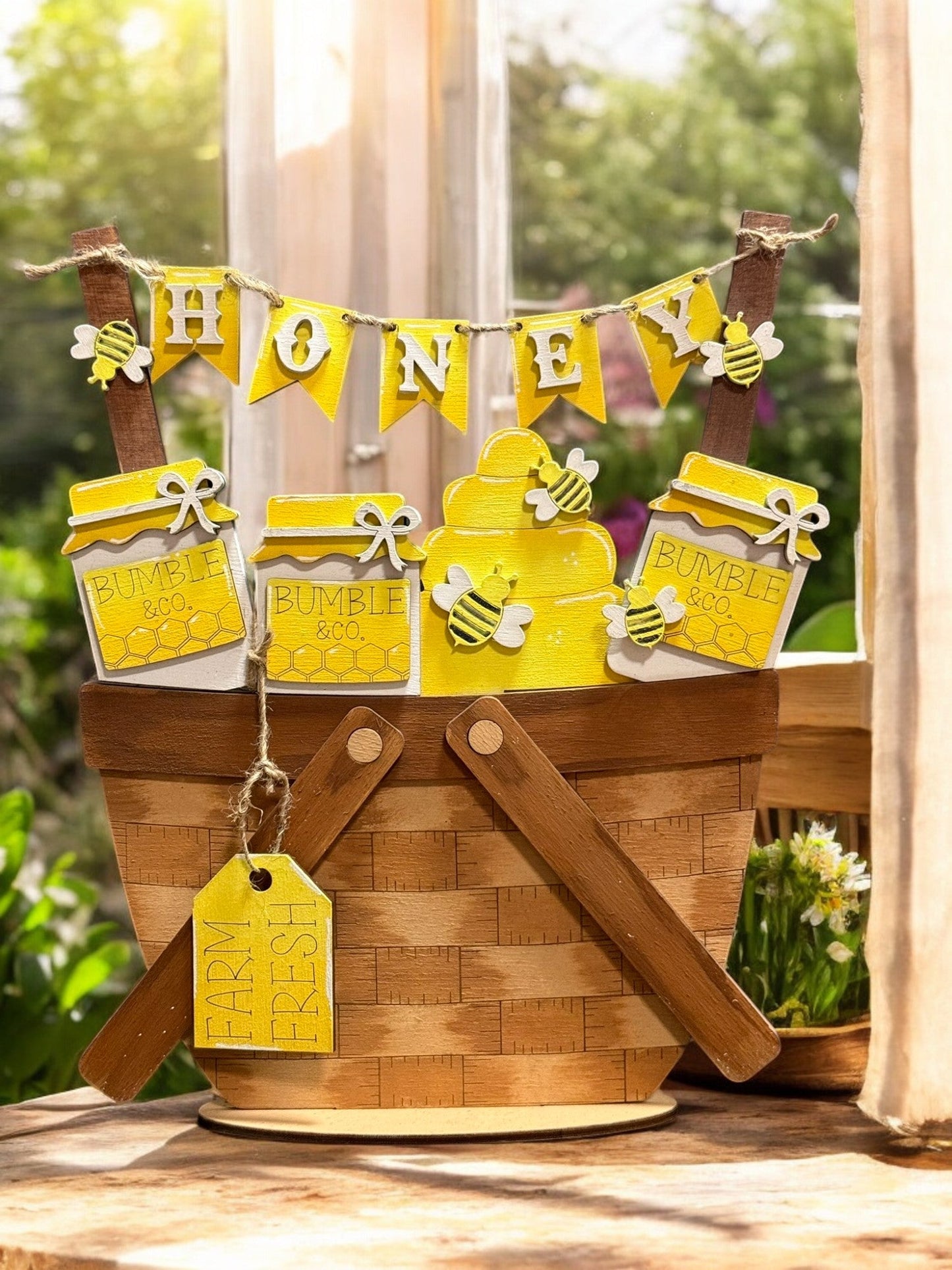 Farm Fresh Honey Weave Basket, Cute Bumble Bee Decor Shelf Sitter for Springtime Charm, Great Gift for Nature Enthusiasts Honey