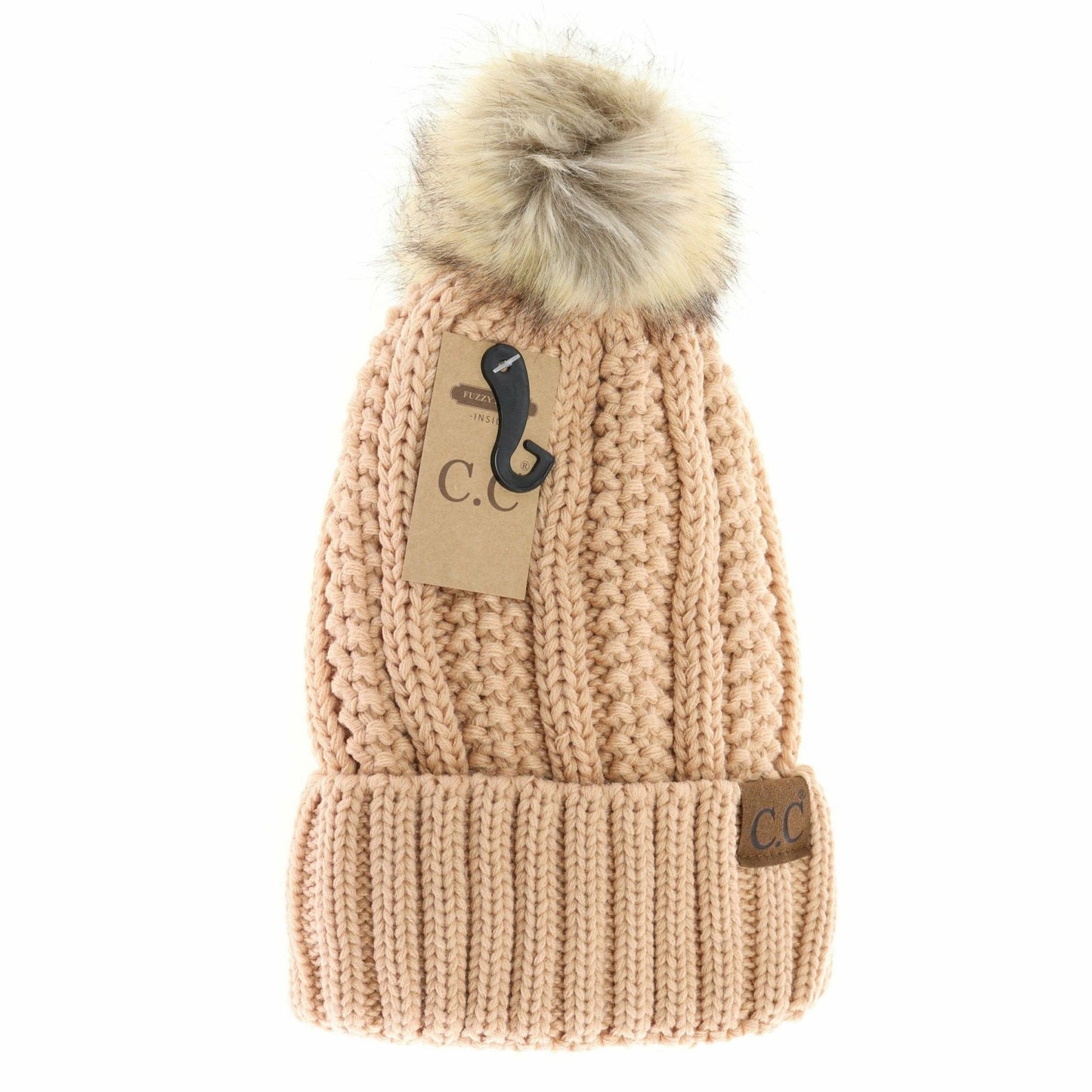 Customizable Winter Beanie with Fur Pom, Warm Soft Acrylic Hat with Embroidery, Stylish Cold Season Essential, Unique Gift Idea Beanie Sand
