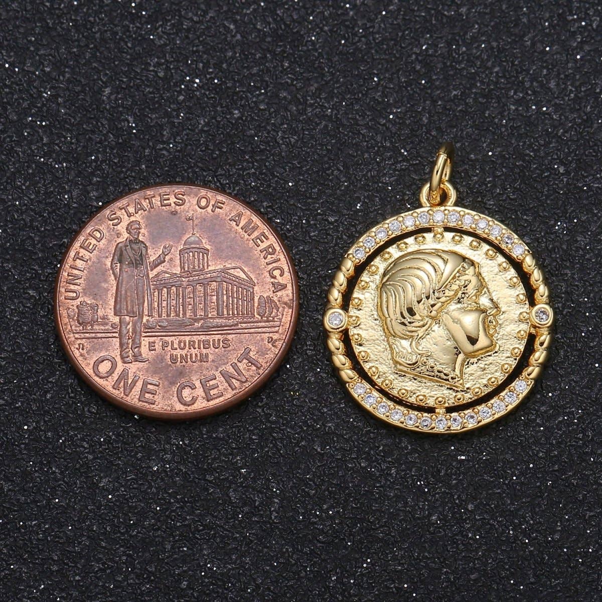 Golden Rustic Emperor Coin Charm CZ Dainty Micro Pave Geometric Round Medallion Charm Pendant GP-067