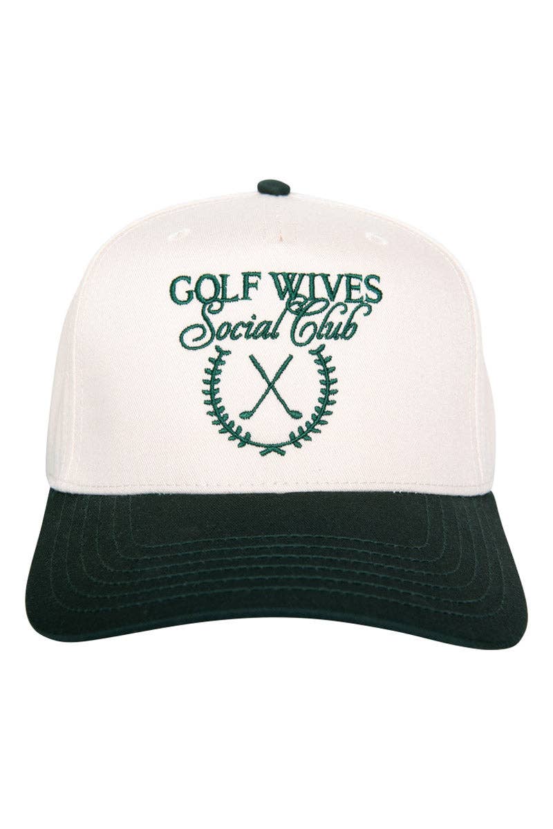 Golf Wives Social Club Hat, Chic Two-Toned Fitted Cap, Perfect for Girly Summer Vibes, Gift for Golf Lovers Trucker Hats Dark Green and Tan