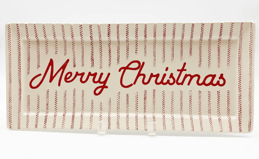 Guess and Company - Red/White Ticking Merry Christmas Rec Platter - Nifty Decor & More