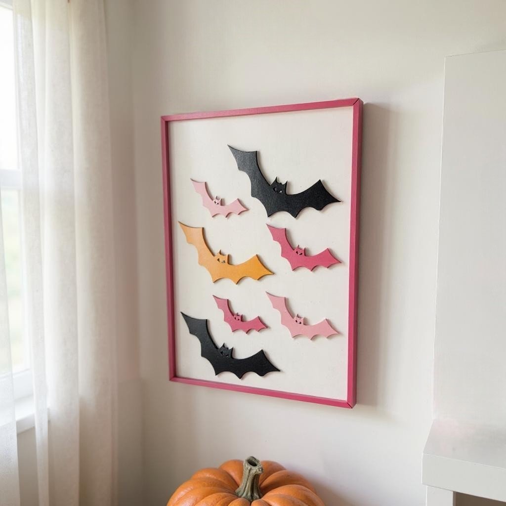 Halloween Home Wall Decor, Pink Pumpkins & Colorful Bats, Spooky Chic Boos Decoration for Fall Season Halloween Decor Bats