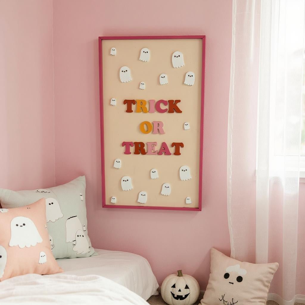 Halloween Home Wall Decor, Pink Pumpkins & Colorful Bats, Spooky Chic Boos Decoration for Fall Season Halloween Decor Trick or Treat