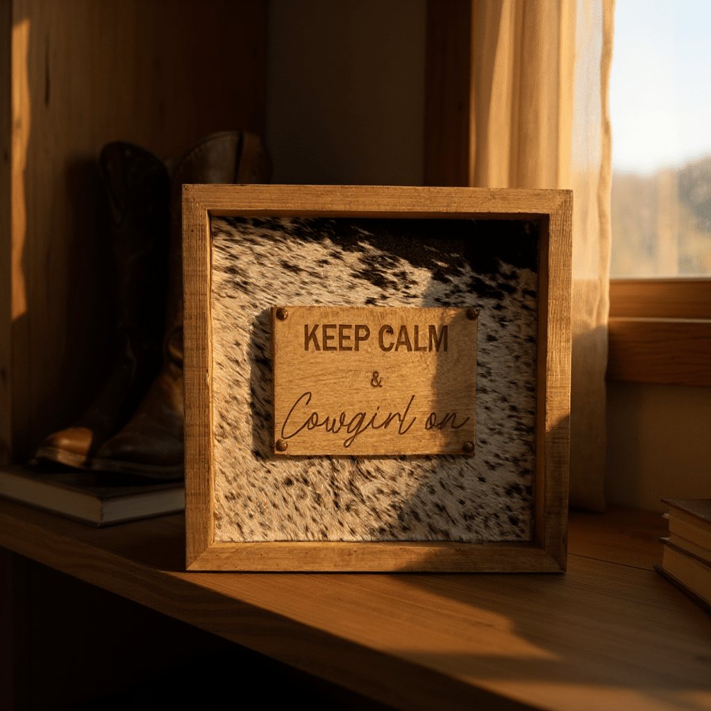 Handmade Keep Calm and Cowgirl On Wooden Sign with Cowhide Backing