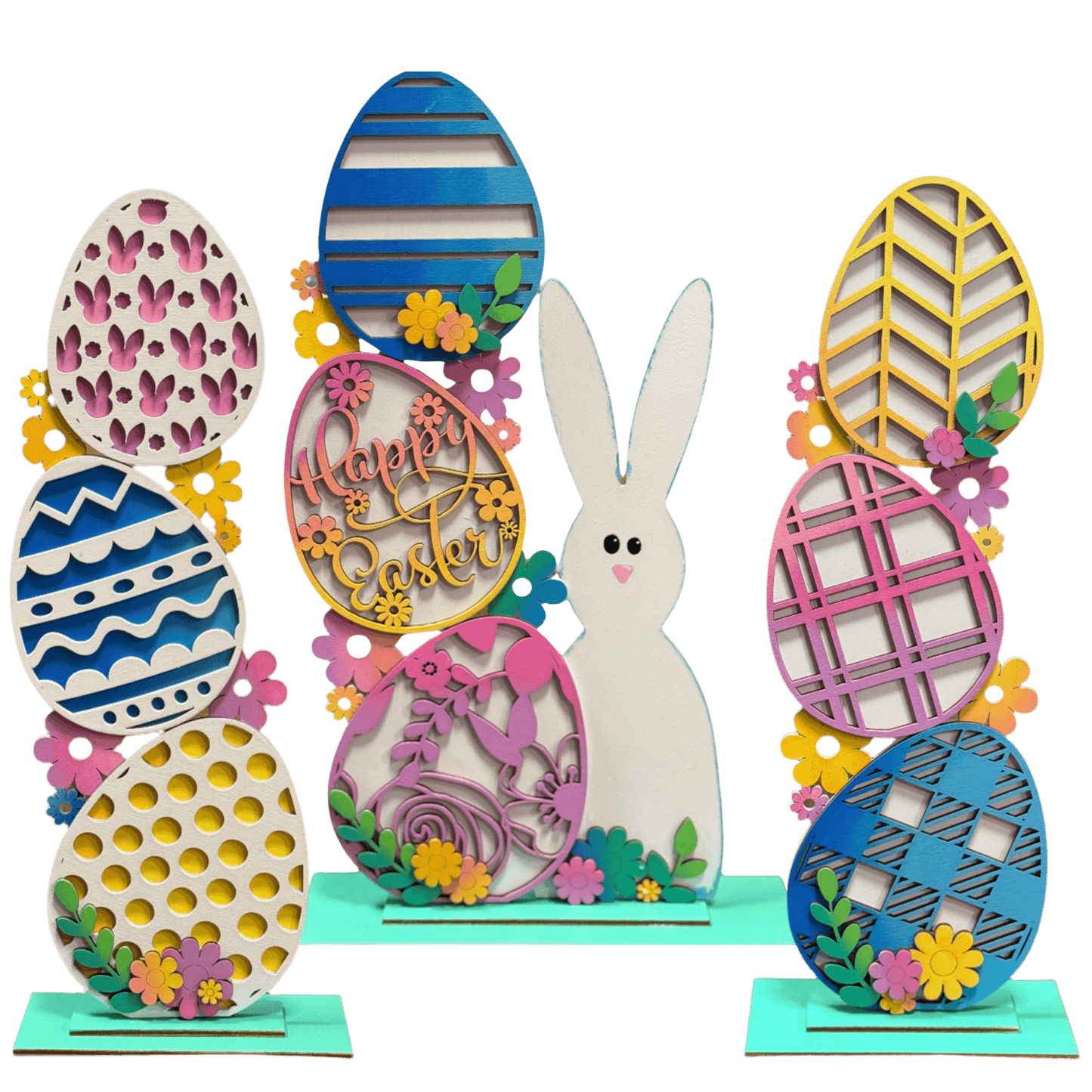 Happy Easter Bunny & Eggs - 3 PC Colorful Spring Decor for Festive Celebrations