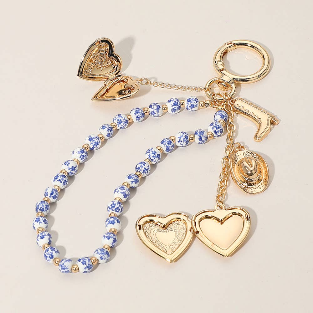 Heart Locket Pearl Wristlet Keychain Charm, Adorable Bow, Cherry & Cowboy Hat Designs, Chic Bag Bling Gift for Her - Nifty Decor & More