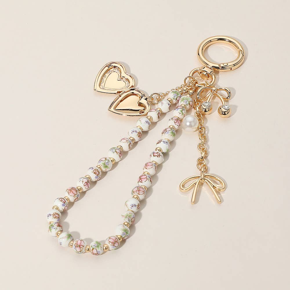 Heart Locket Pearl Wristlet Keychain Charm, Adorable Bow, Cherry & Cowboy Hat Designs, Chic Bag Bling Gift for Her - Nifty Decor & More