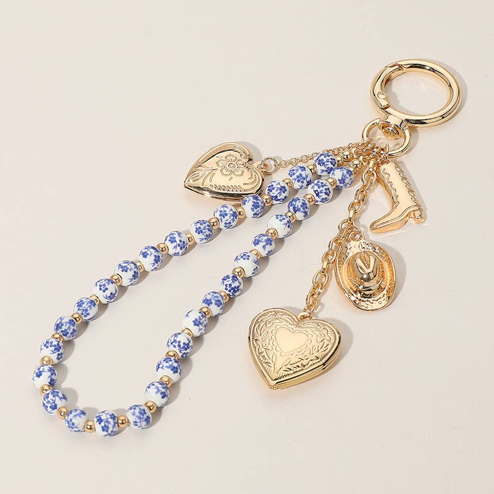 Heart Locket Pearl Wristlet Keychain Charm, Adorable Bow, Cherry & Cowboy Hat Designs, Chic Bag Bling Gift for Her - Nifty Decor & More