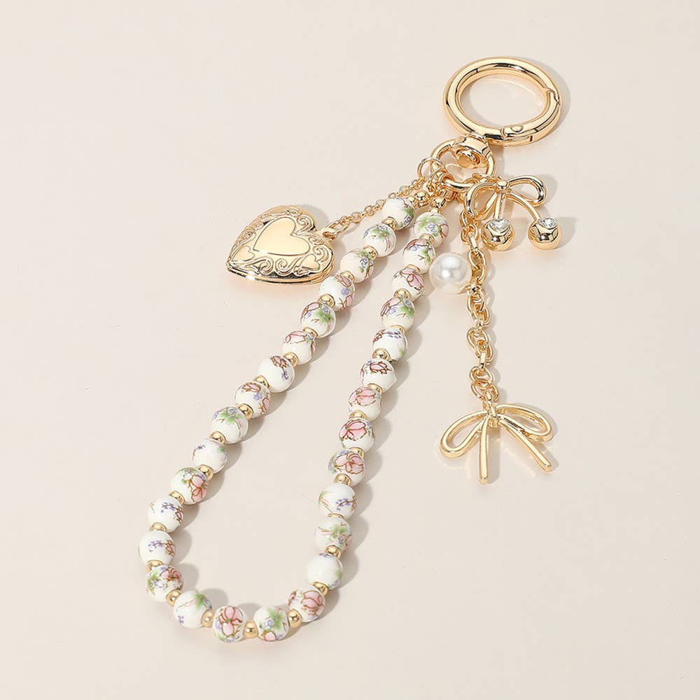 Heart Locket Pearl Wristlet Keychain Charm, Adorable Bow, Cherry & Cowboy Hat Designs, Chic Bag Bling Gift for Her - Nifty Decor & More