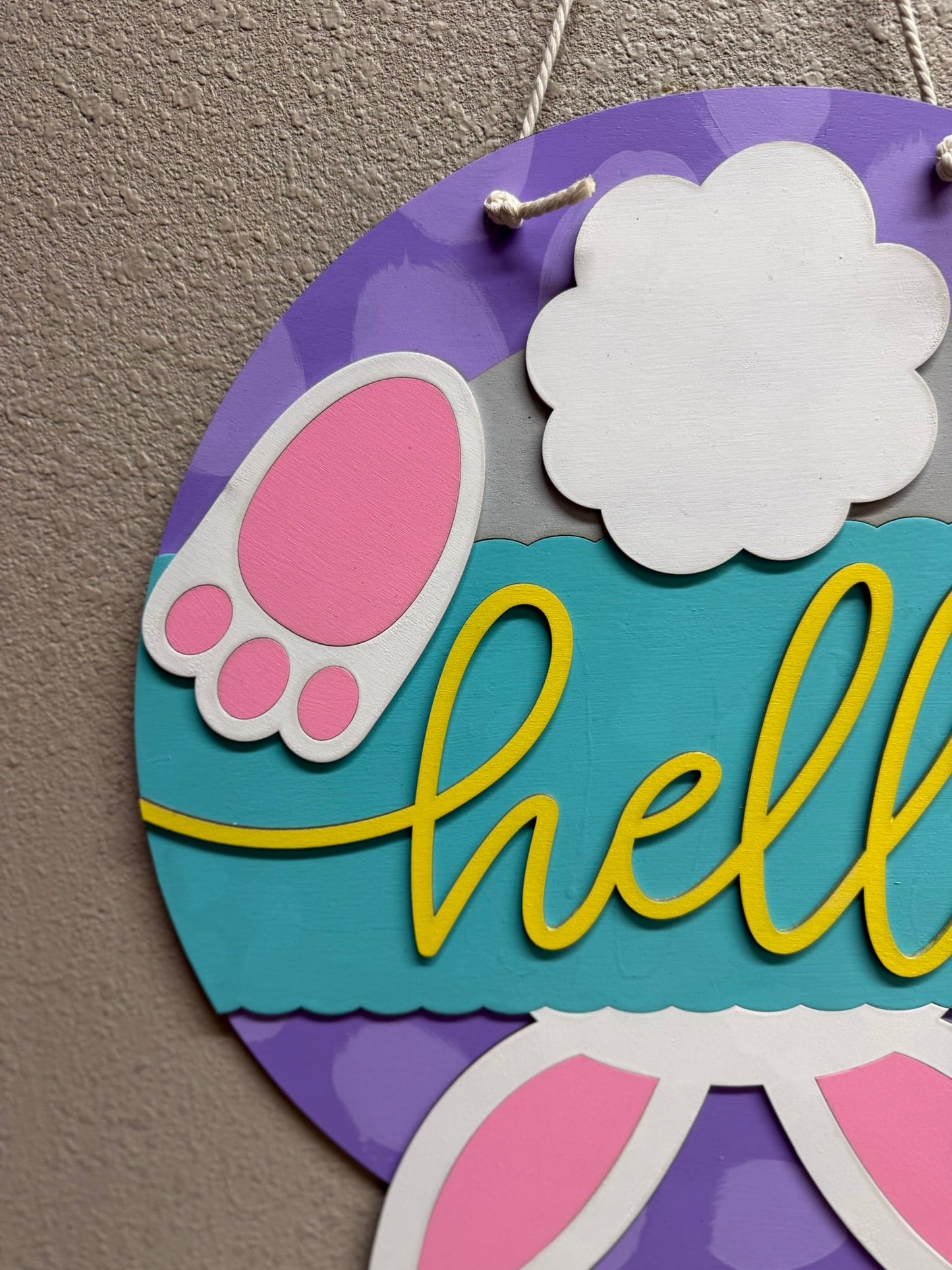 Hello Bunny Tail Hanger | Colorful Easter Decor & Spring Wall Art | Cute Bunny Decoration for Kids Room | Adorable Easter Gift