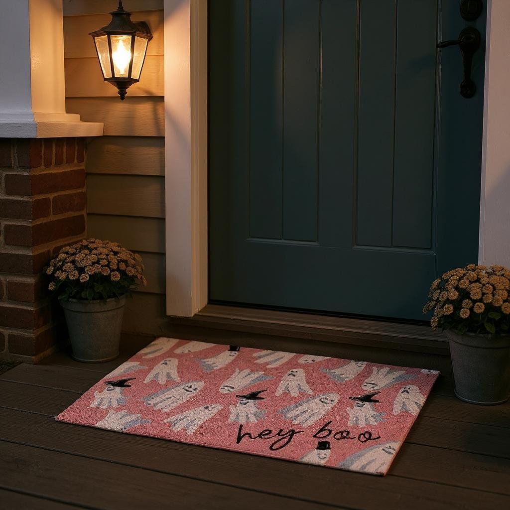 Hey Boo Ghost Coir Doormat, Light Pink Black White Welcome Mat, Perfect Halloween Porch Decor, Fun Seasonal Home & Fall Gift - Nifty Decor & More