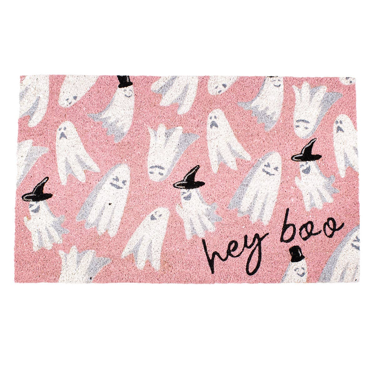 Hey Boo Ghost Coir Doormat, Light Pink Black White Welcome Mat, Perfect Halloween Porch Decor, Fun Seasonal Home & Fall Gift - Nifty Decor & More