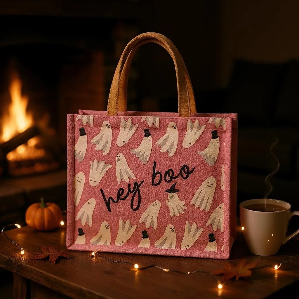 Hey Boo Gift Tote, Light Pink & White Cute Reusable Tote Bag for Gifting, Perfect Halloween Gift for Boo - Lovers - Nifty Decor & More
