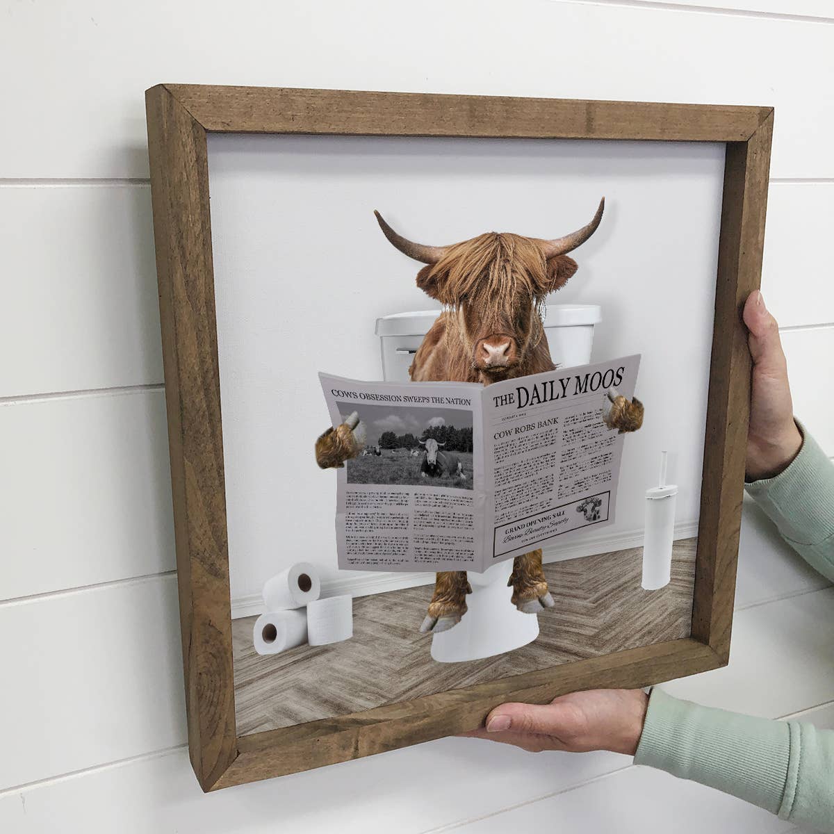 Highland Cow Bathroom Sign | Rustic Wood Frame Decor | Farmhouse Style Wall Art | Unique Cow Decor for Home & Gifts - Nifty Decor & More