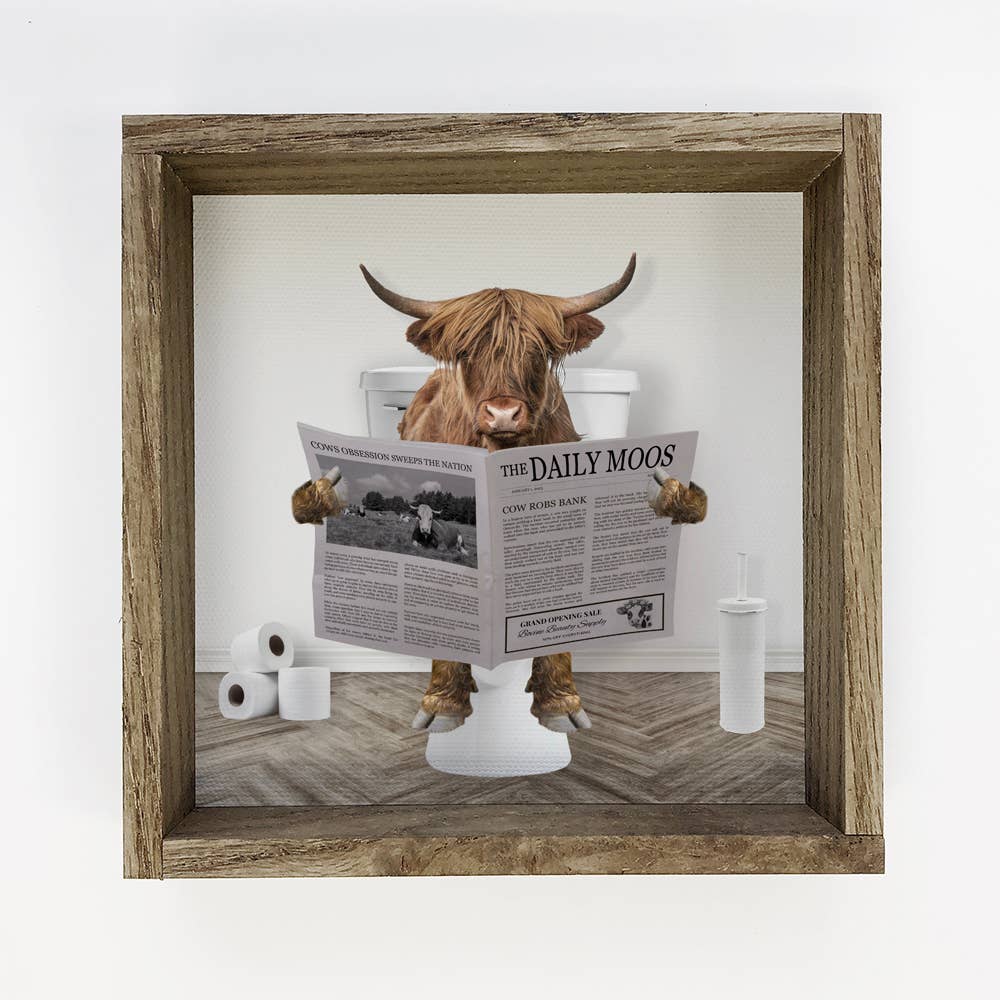 Highland Cow Bathroom Sign | Rustic Wood Frame Decor | Farmhouse Style Wall Art | Unique Cow Decor for Home & Gifts