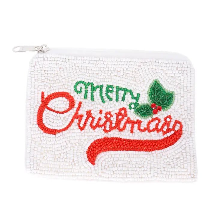 Holiday Seed Bead Coin Purse Christmas Themed Holiday coin purse Merry Christmas Mistletoe