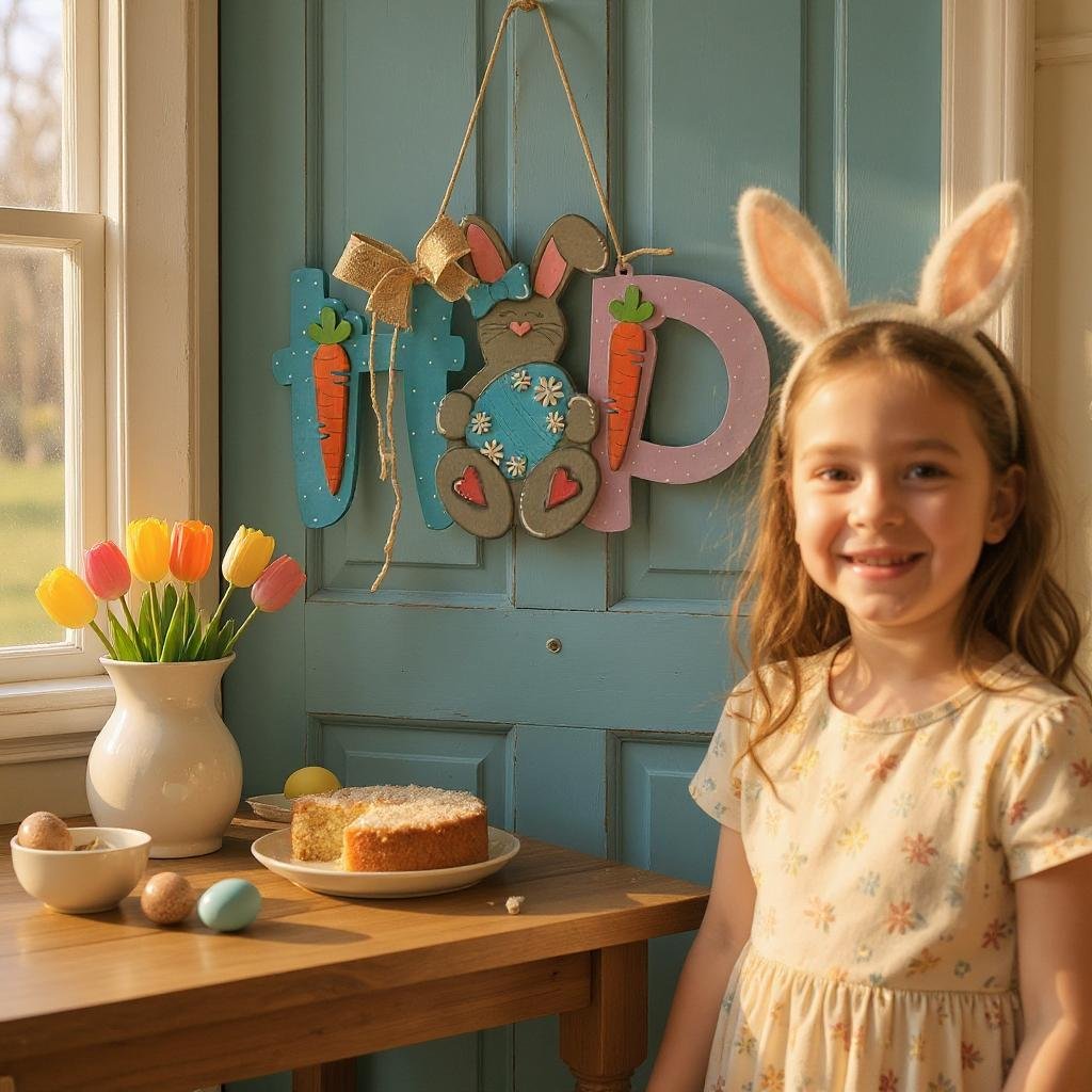 Hop Bunny Hanger Spring Easter Decor - Colorful Seasonal Wall Hanging for Springtime & Holiday Decorations Easter Wall Decor