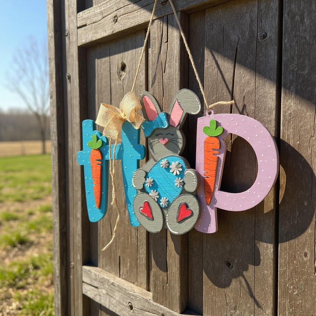 Hop Bunny Hanger Spring Easter Decor - Colorful Seasonal Wall Hanging for Springtime & Holiday Decorations Easter Wall Decor