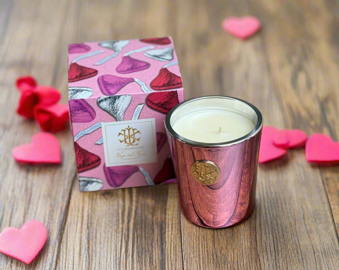 Hugs and Kisses 8 oz Designer Box Candle, Luxurious Scented Candle for Home Ambiance, Romantic Gift for Her Candle Holder