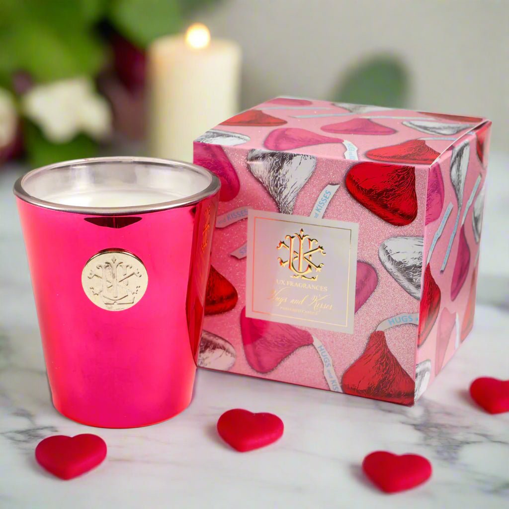 Hugs and Kisses 8 oz Designer Box Candle, Luxurious Scented Candle for Home Ambiance, Romantic Gift for Her Candle Holder