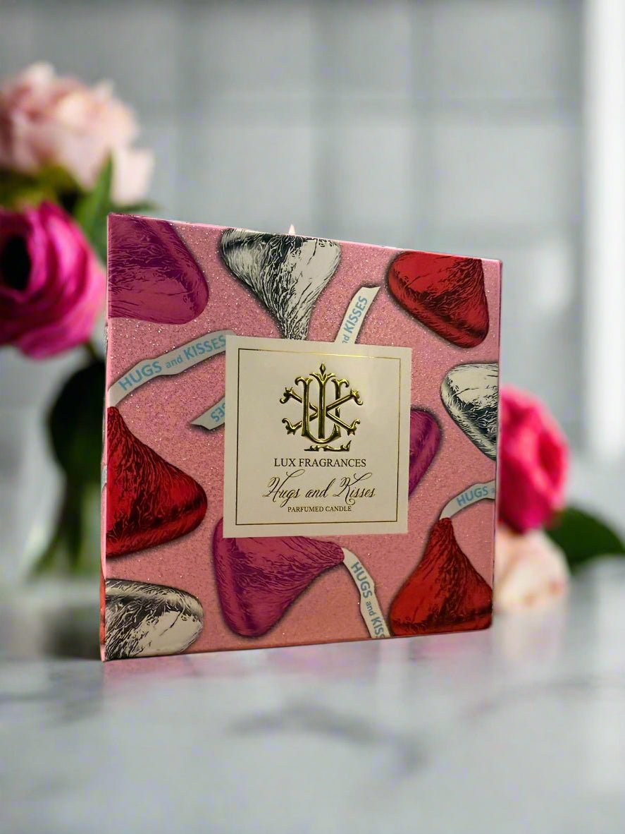 Hugs and Kisses 8 oz Designer Box Candle, Luxurious Scented Candle for Home Ambiance, Romantic Gift for Her Candle Holder