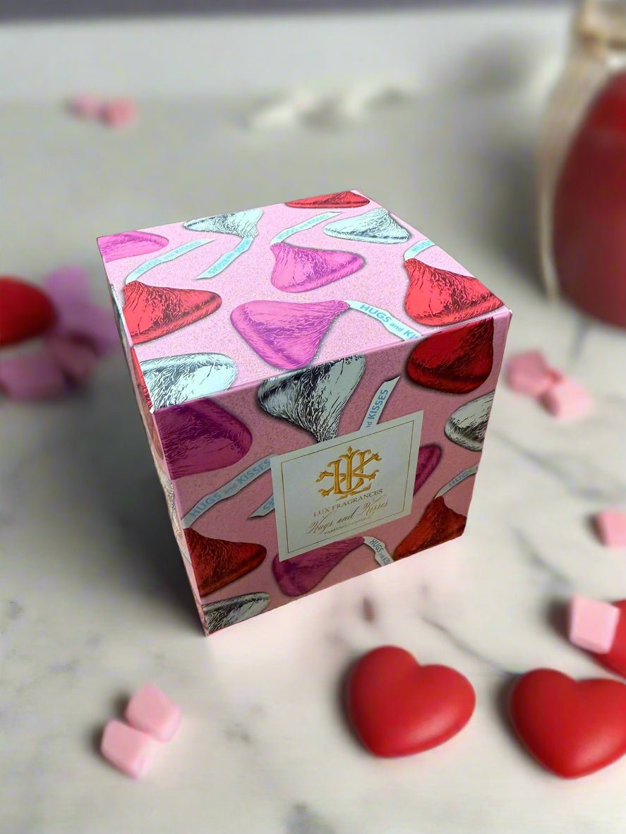 Hugs and Kisses 8 oz Designer Box Candle, Luxurious Scented Candle for Home Ambiance, Romantic Gift for Her Candle Holder