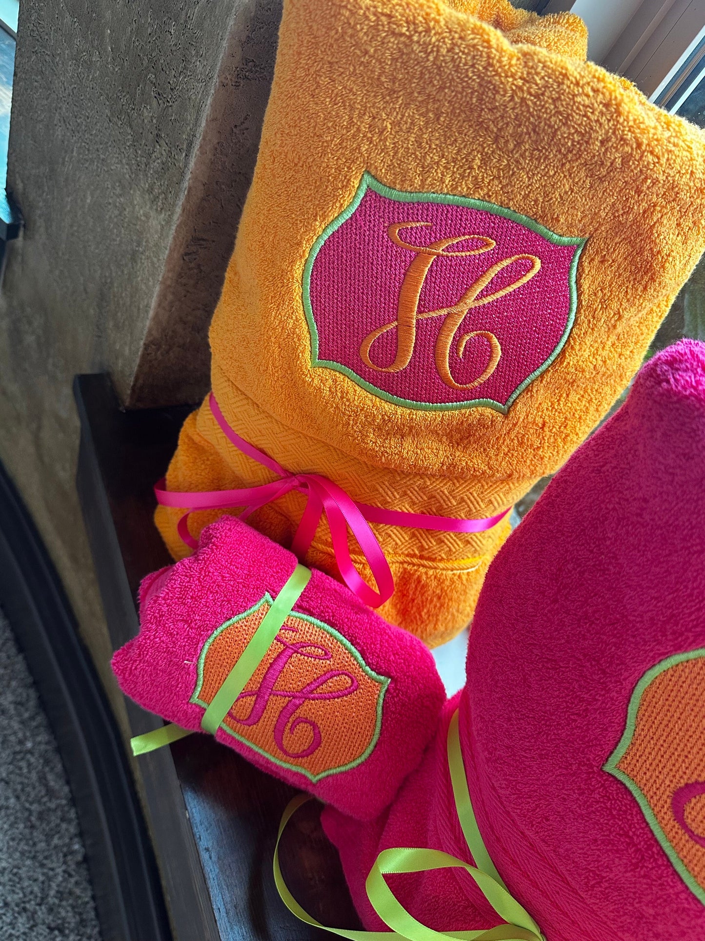 Embroidered Orange and Pink Bath Towel Set