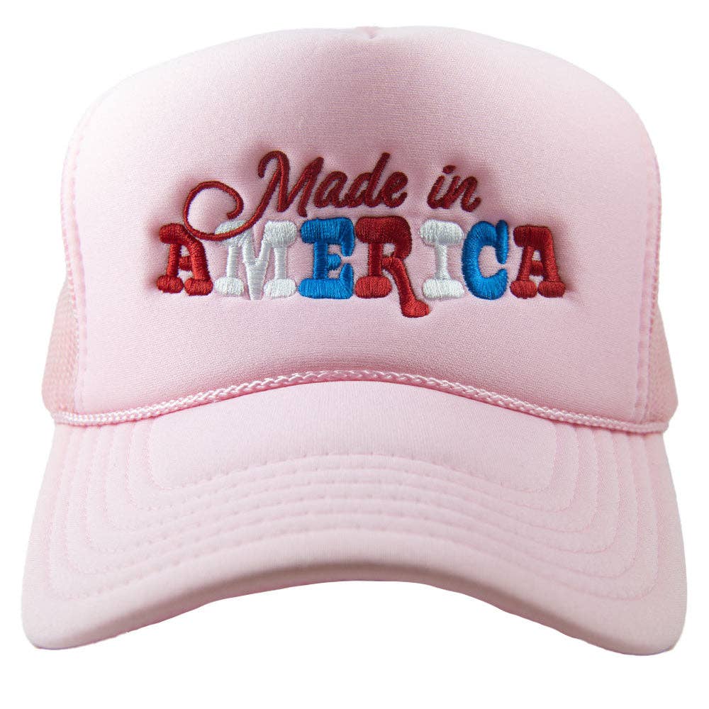 Made in America Foam Trucker Hat, Trendy Patriotic Girl Headwear, Outdoor Hat, Cute Gift Ide Trucker Hats Light Pink